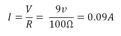 Example ohms law calculation: 9 volts divided by 100 ohms equals 90 milliamps